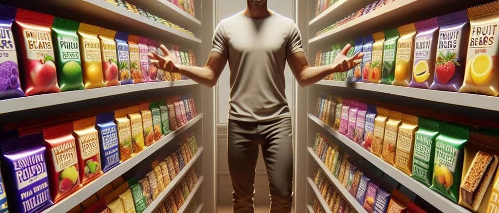 Variety of fruit bars with colorful packaging on a wooden background