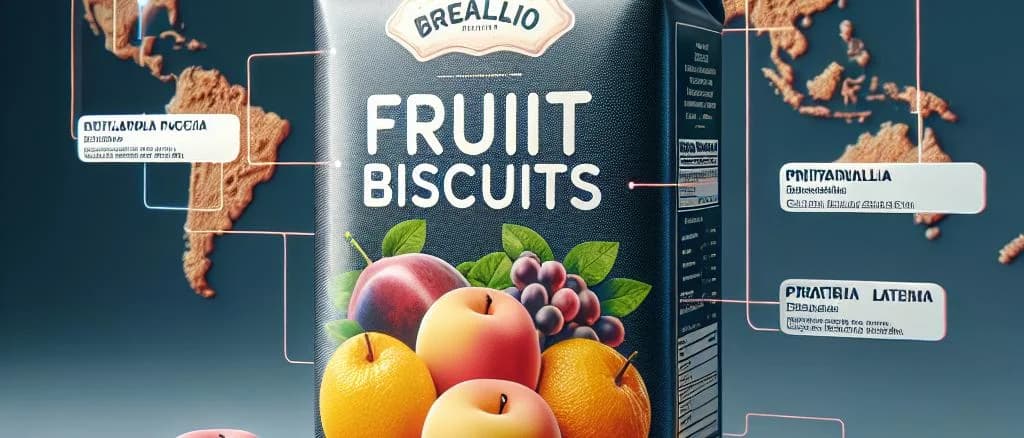 Assorted gourmet fruit biscuits in various packaging options on a wooden table background