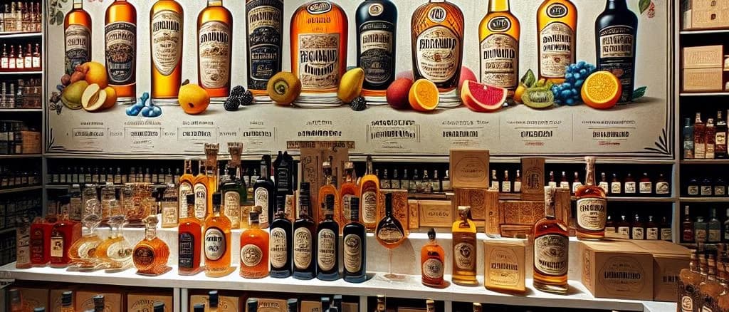 Assortment of Fruit Brandy bottles with varied packaging and natural background