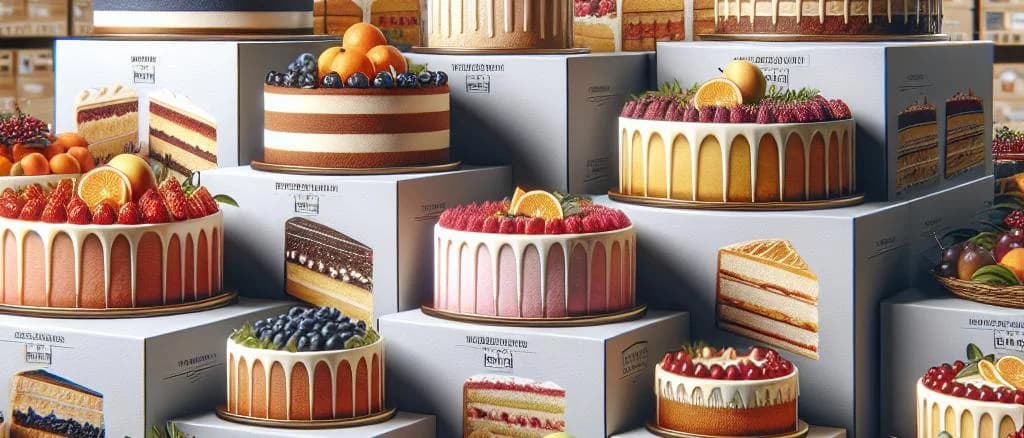 Assorted fruit cakes with varied designs on a wooden background