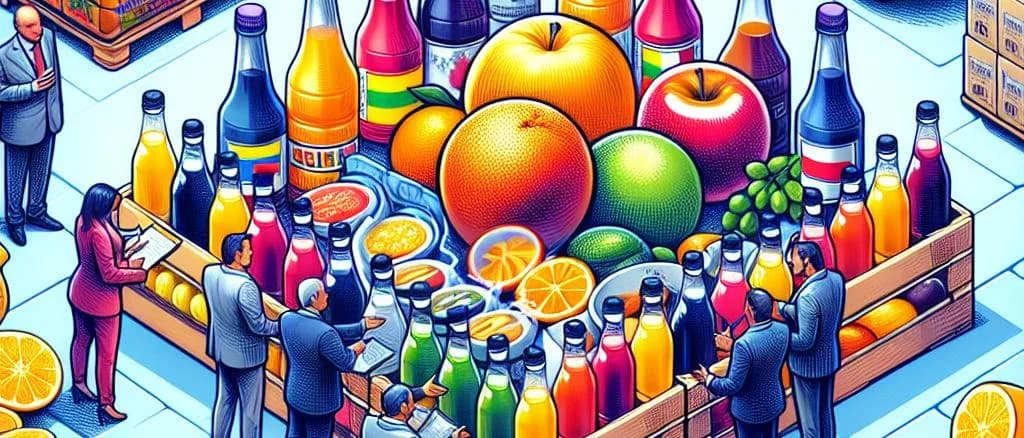 various fruit concentrate bottles with customized packaging on a wooden table