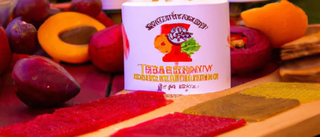 Assorted fruit pastes with varied packaging options on a wooden background