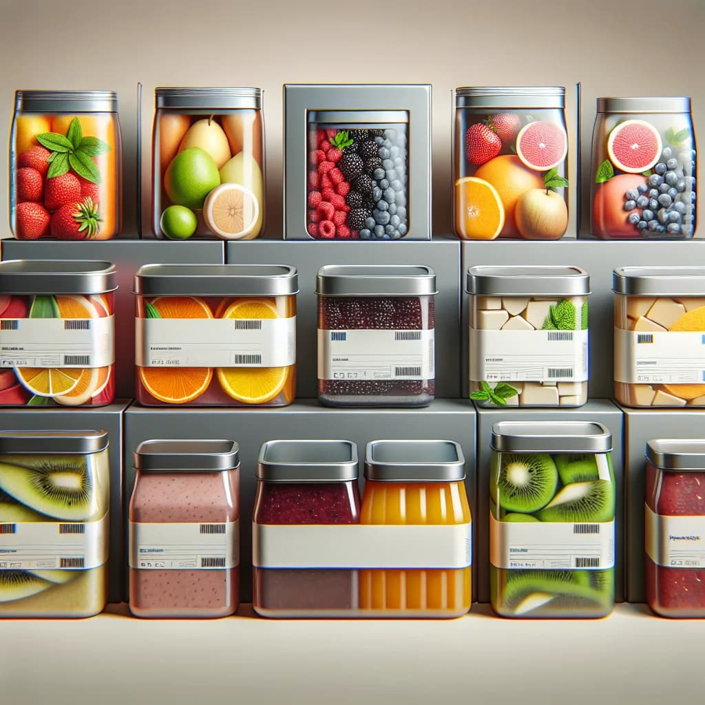 assorted fruit preparation products in bulk packaging, showcasing diced, pureed, and blended fruit variations for B2B procurement