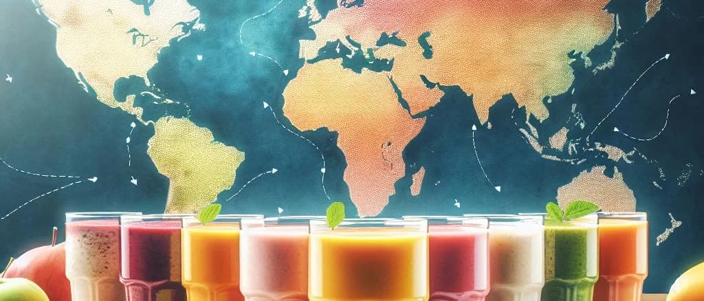 variety of colorful fruit smoothies in vibrant packaging against a tropical background