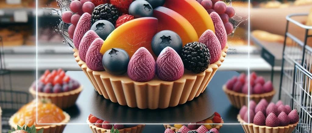 assorted fruit tarts on a wooden table with various colorful fruits