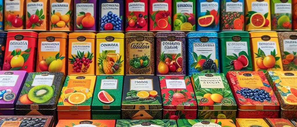 Assorted fruit teas in various packaging styles against natural backgrounds