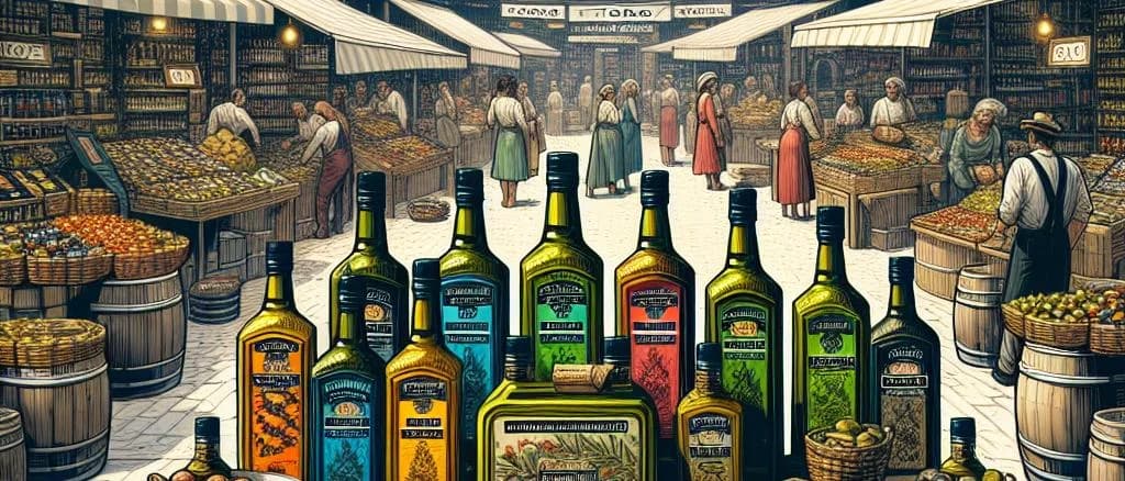 Various frying oil bottles against a commercial kitchen backdrop