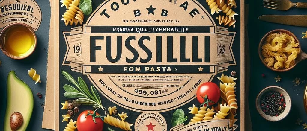 Fusilli pasta varieties on a rustic kitchen counter with customizable packaging