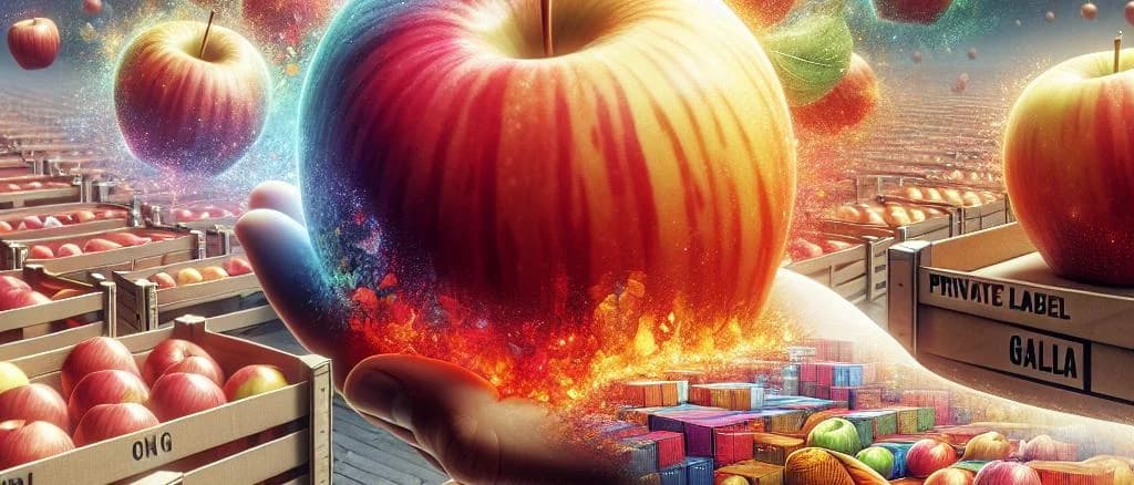 Gala apples in various packaging on wooden background