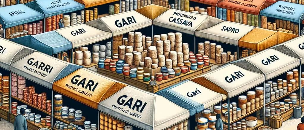 Assorted Gari products with different packaging on a wooden table