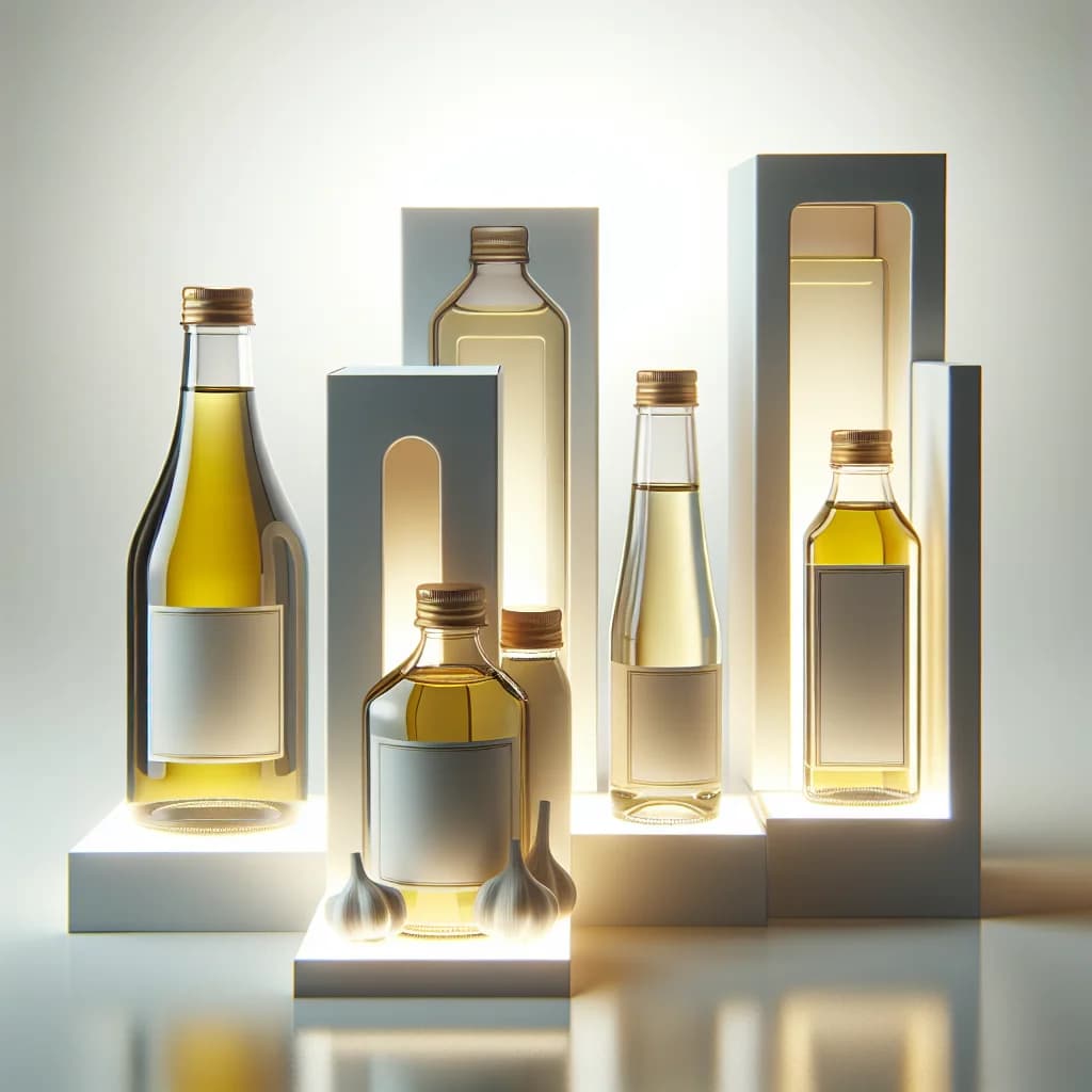garlic oil bottles with varied packaging on a clean backdrop