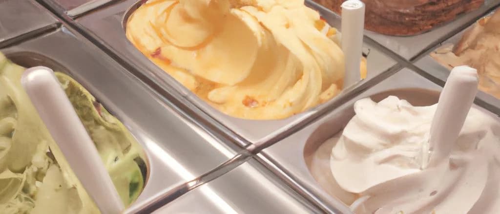 various gelato flavors in artisanal packaging on a marble background