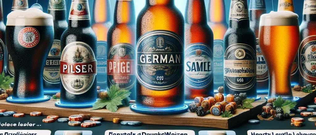 Variety of German beer bottles on a wooden table with rustic background