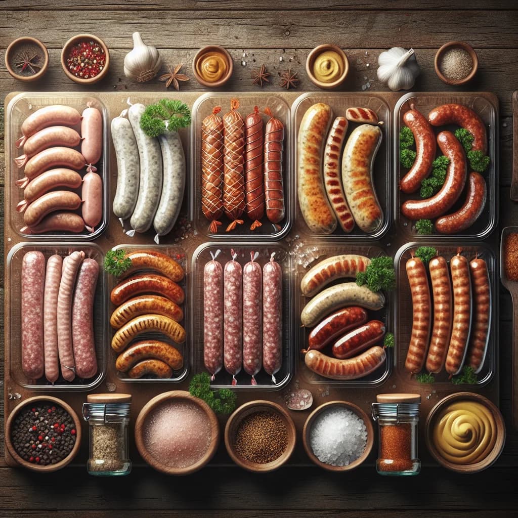 assorted German sausages in different packaging, displayed on a wooden board with fresh herbs and spices