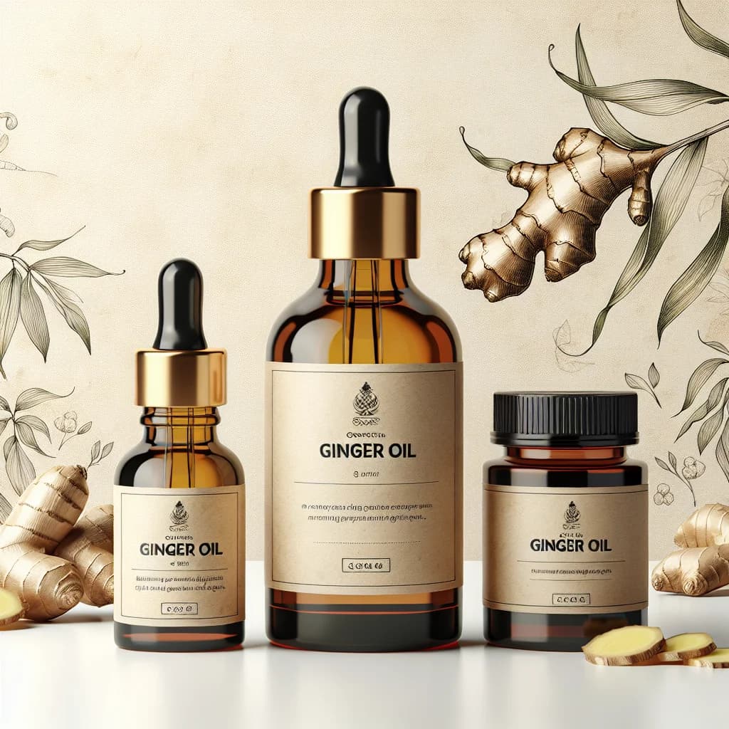 ginger oil bottles with professional packaging in a clean, natural background, showcasing various product types