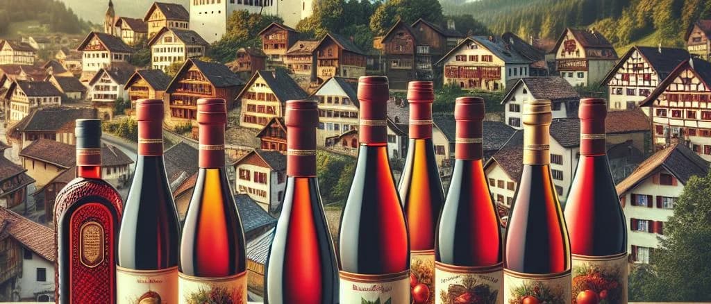 Glühwein bottles and packaging variations on rustic wooden background