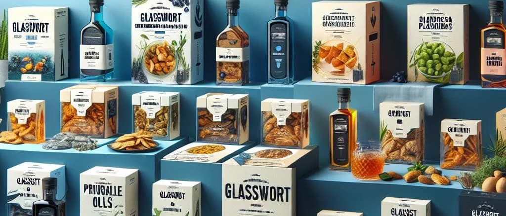 Glasswort variations on a wooden background with minimalist packaging