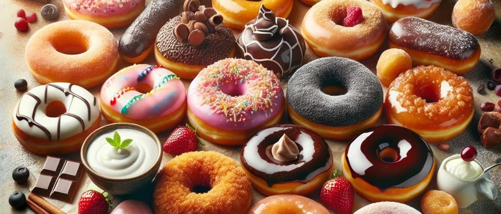 assorted glazed doughnuts with different icing variations on a wooden platter