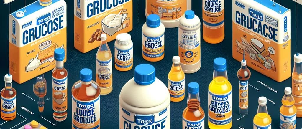 Assorted glucose packaging showcasing different forms and custom labels