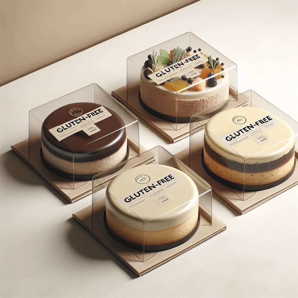 gluten free cake variety on display with elegant packaging for wholesale and bulk sourcing