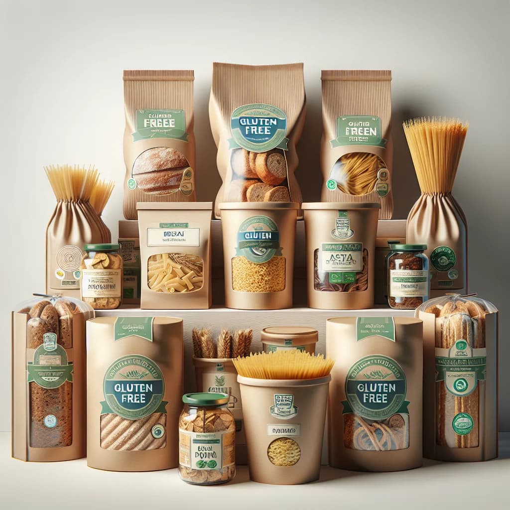 gluten free food assortment in sustainable packaging with various product types