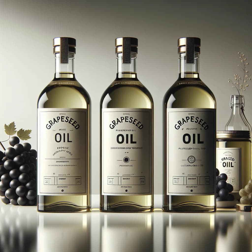 varieties of grapeseed oil bottles with clear labeling, displayed on a clean countertop