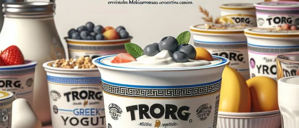 two variations of Greek yogurt packaging with white and blue labeling on a wooden background