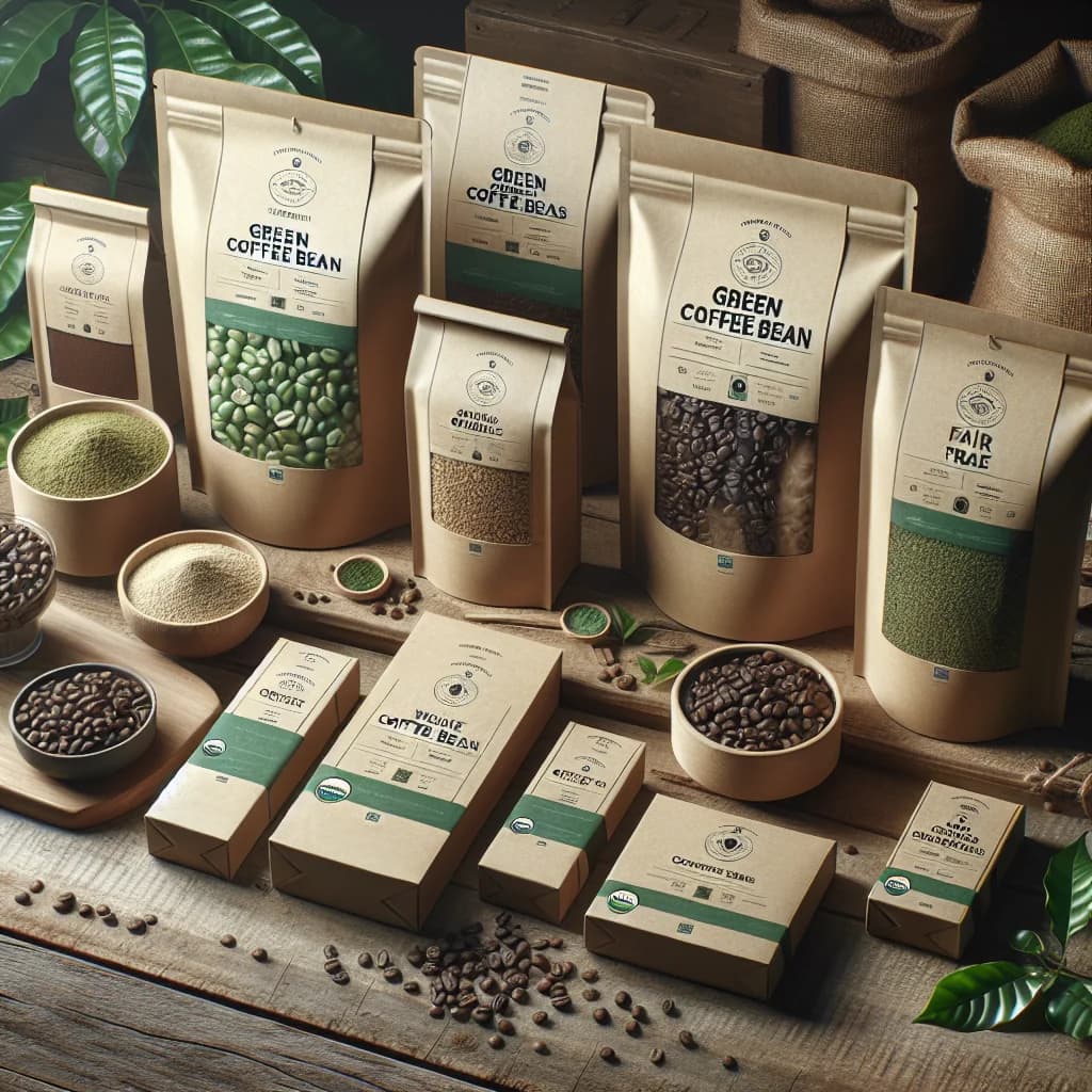 varieties of green coffee beans in eco-friendly packaging on a wooden backdrop
