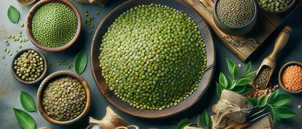 Variety of bagged and canned green lentils with different packaging options on a wooden table