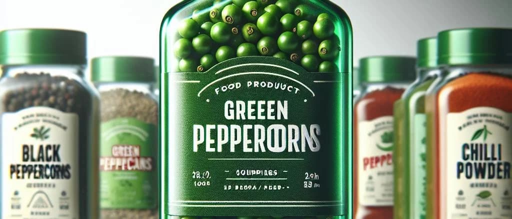 Green peppercorns variations with different packaging on a rustic wooden background