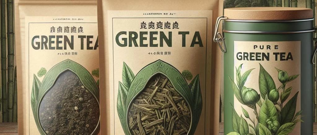 Assorted packaging of premium green tea variations on a natural wood background