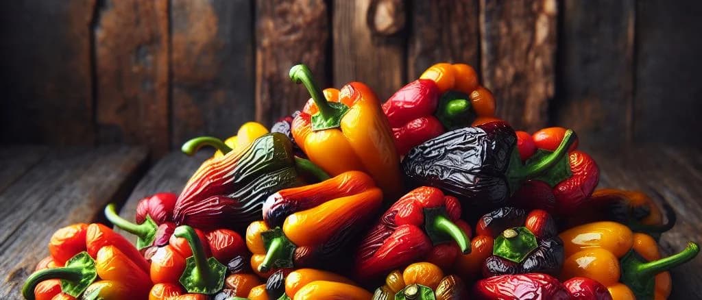 Assorted grilled peppers variations with vibrant packaging