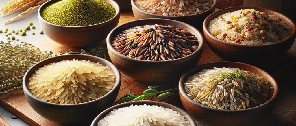 Assorted groats varieties on wooden background, featuring buckwheat, oats, and barley in rustic packaging