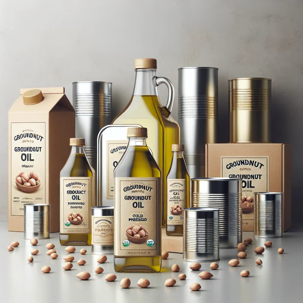 Groundnut Oil bottles in different packaging options with a clean background