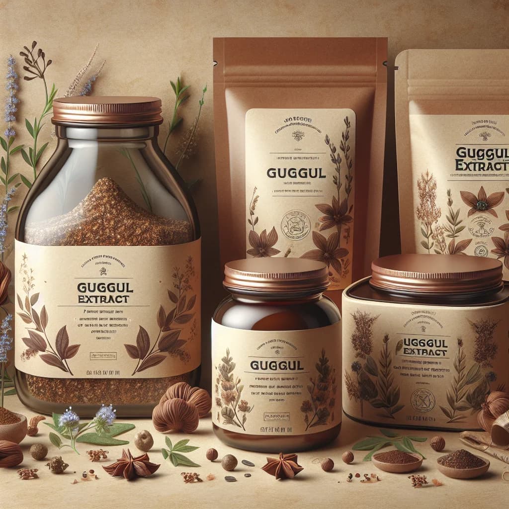 premium guggul extract packaging variations with natural backgrounds