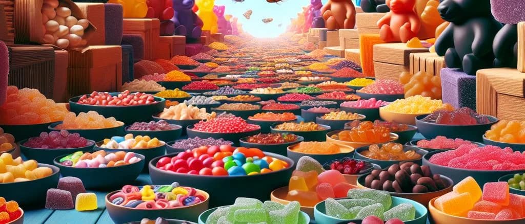 Assorted gummi candy varieties on a colorful background
