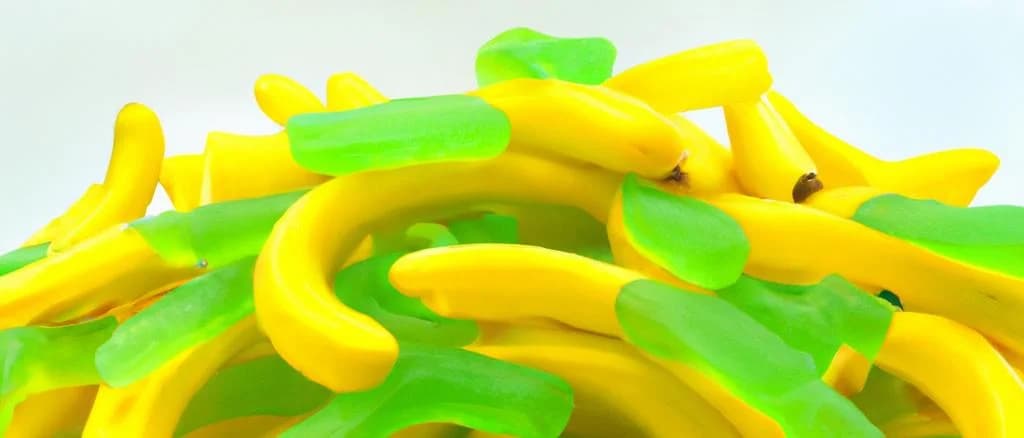 Assorted gummy bananas with vibrant packaging on a wooden background