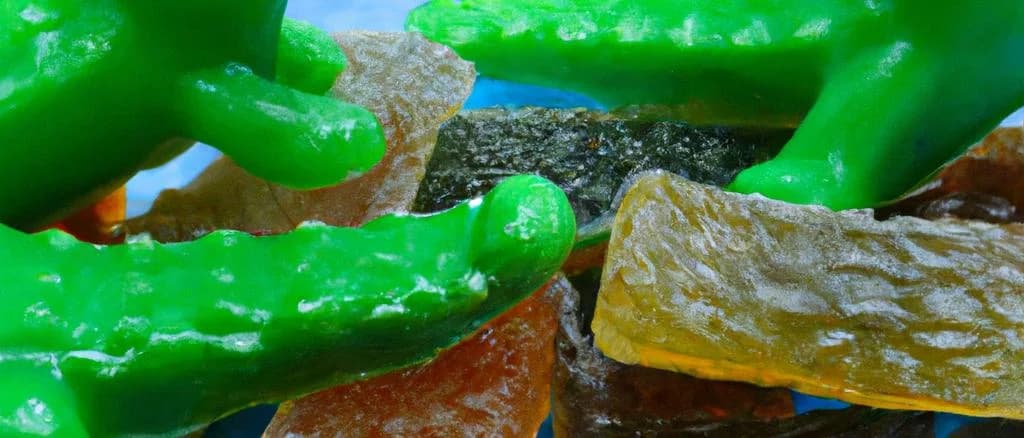 Gummy crocodile candies on colorful background showcasing different packaging options