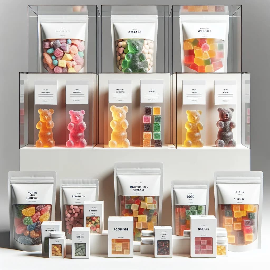 assorted gummy vitamins in colorful shapes with clear packaging and nutrient labels on a professional white background