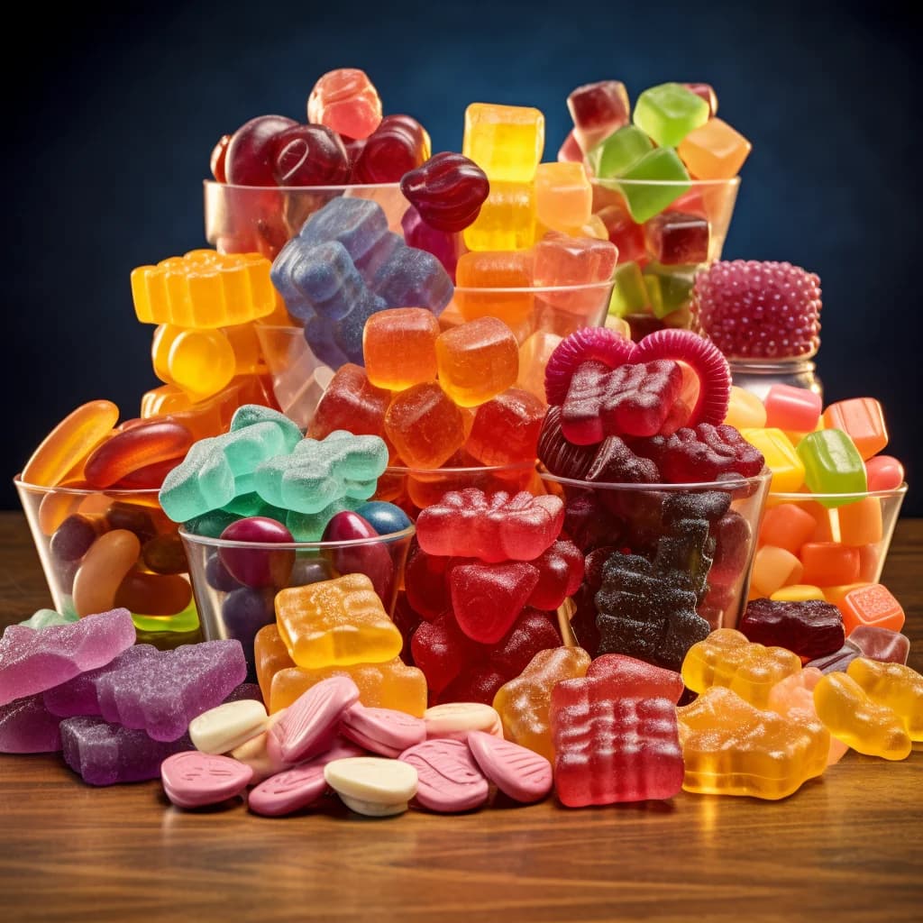 assorted gummy variations with colorful backgrounds