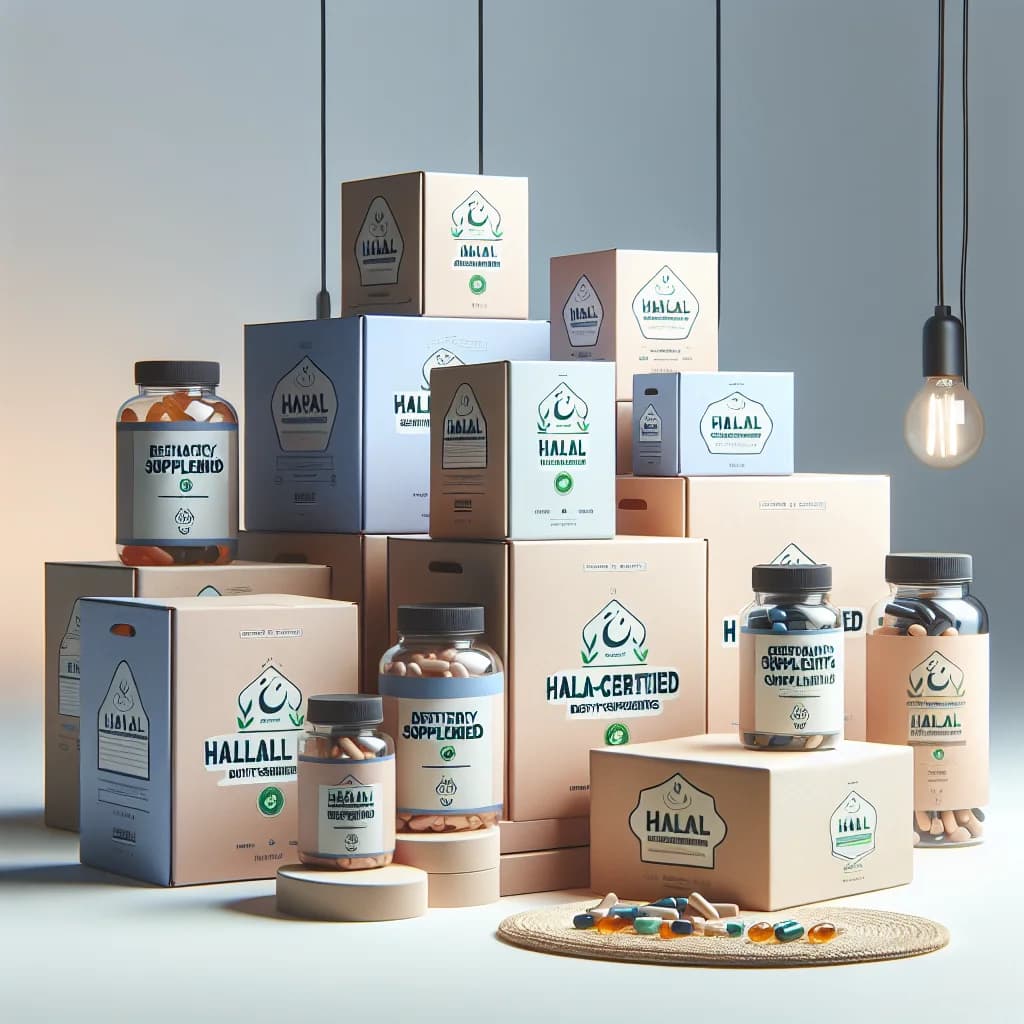 halal-certified dietary supplements in eco-friendly packaging with clean branding