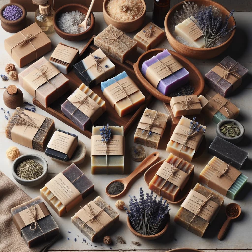colorful handmade soap bars displayed in eco-friendly packaging with natural ingredients on a minimalist wooden background, ideal for bulk or wholesale buyers