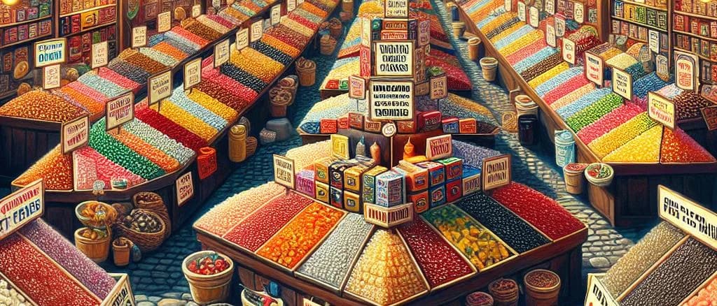 assortment of premium hard candies in vibrant packaging on a colorful background