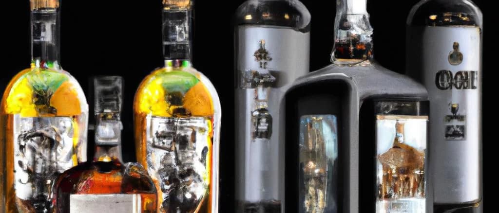 Various hard liquor bottles with custom labels against a wooden background