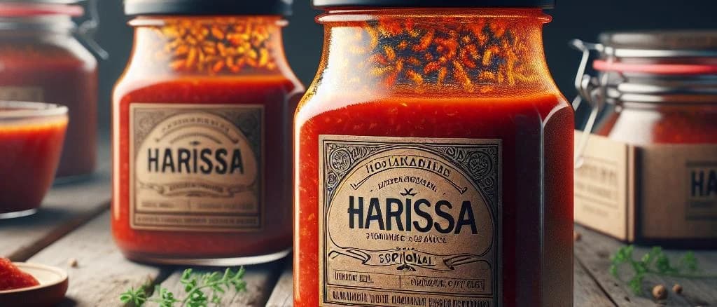 Variety of packaged Harissa sauces in jars and bottles against a vibrant backdrop