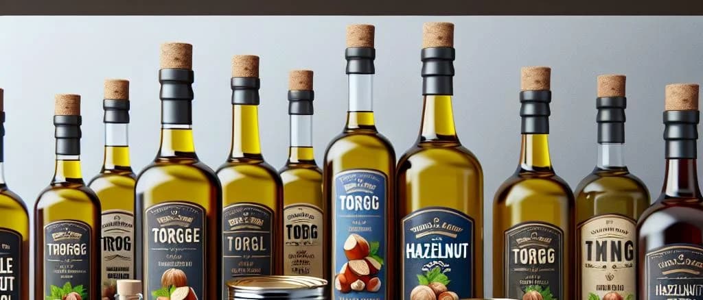Various hazelnut oil bottles on a wooden background with hazelnuts scattered around