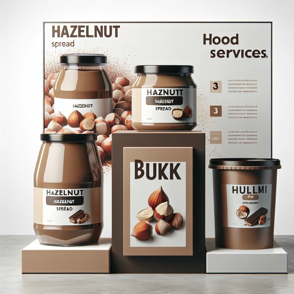 premium hazelnut spread varieties in jars and bulk packaging on a professional white backdrop with hazelnut accents