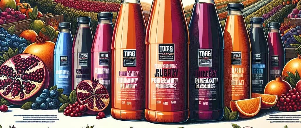 varieties of healthy juice bottles on a wooden counter with a fruit background