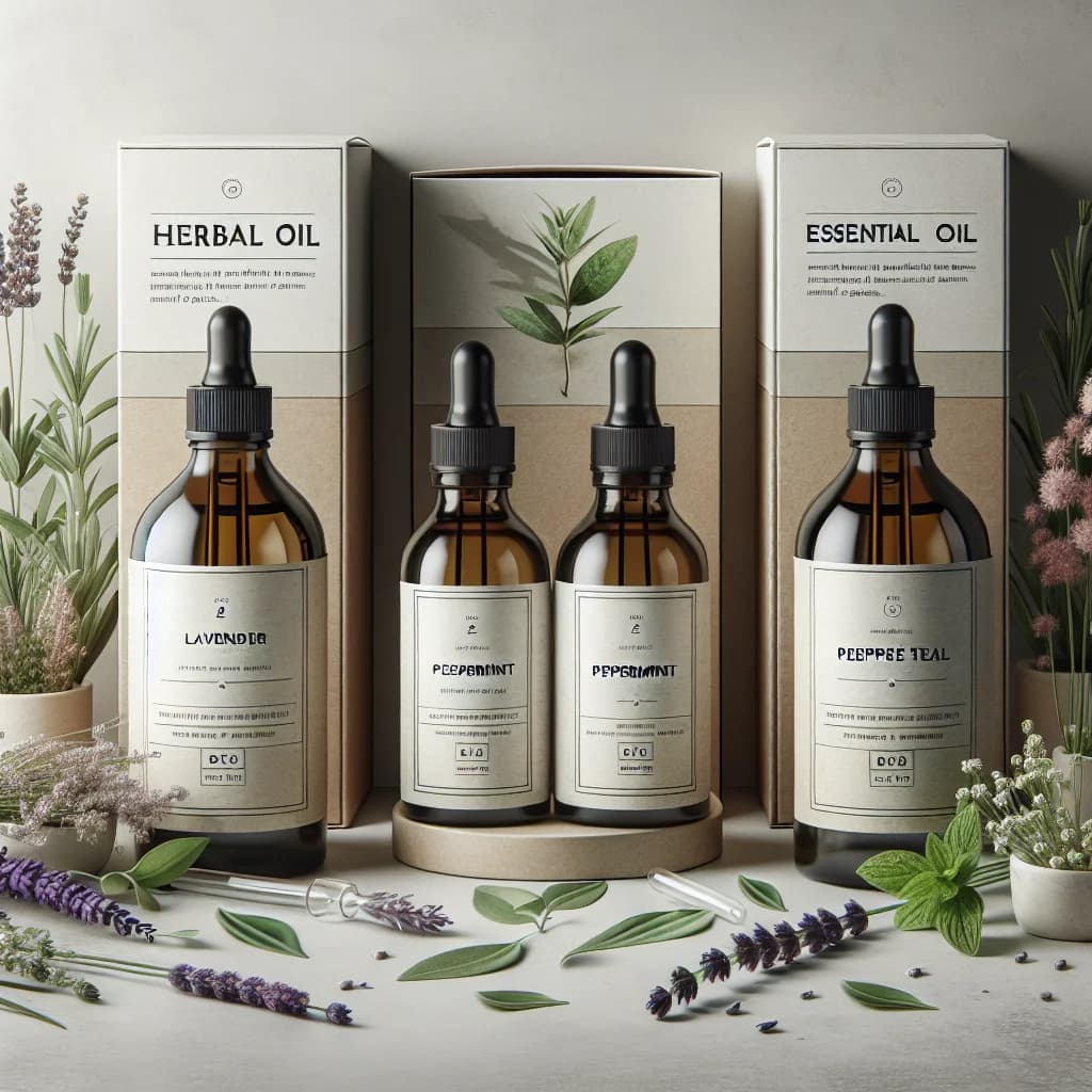 variety of herbal oil bottles with natural ingredients and labels for B2B buyers