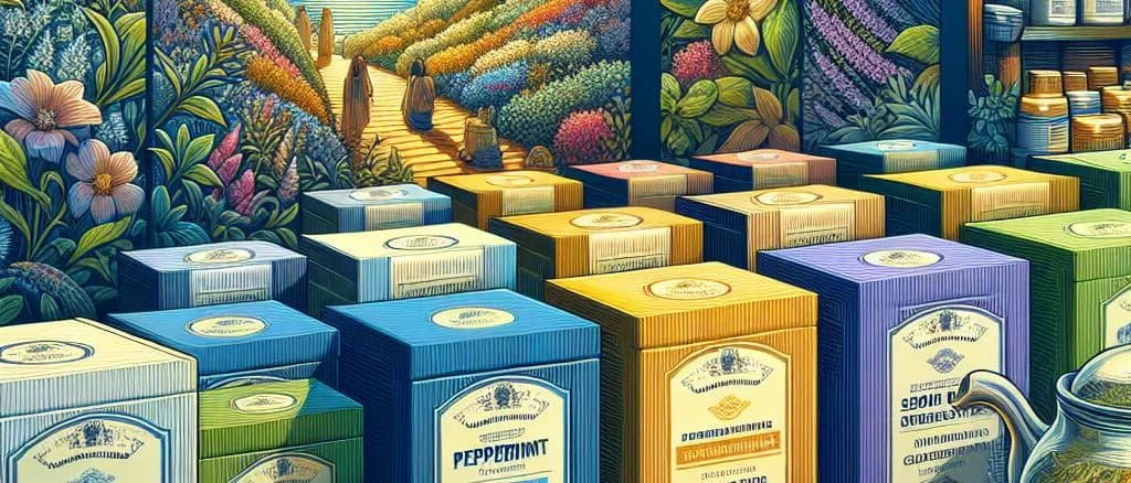 Variety of herbal tea blends in sustainable packaging on a wooden background